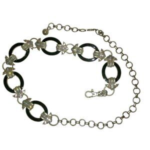 Chico's Silver Chain Black Enamel Rhinestone BOHO Rockabilly Adjustable 36" Belt